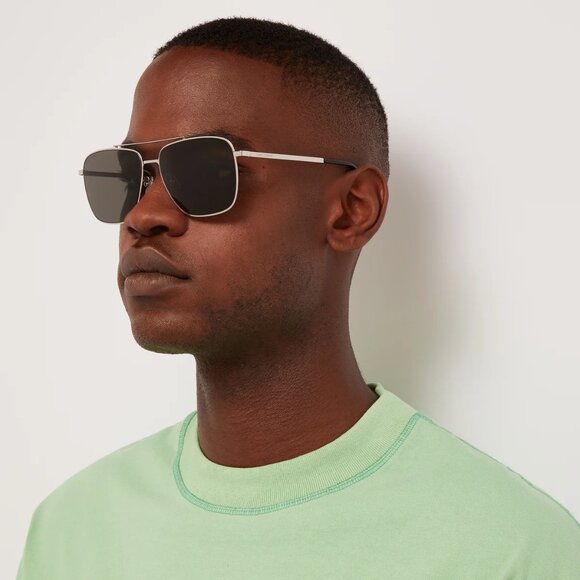 Saint Laurent Men's Sl 376 Slim Metal Aviator Sunglasses - Silver/Grey - Picture 1 of 10